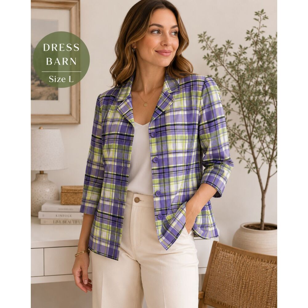 Dress Barn Blazer Jacket Women SZ L Purple Green Plaid 3/4 Sleeve Lightweight